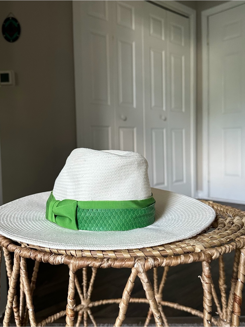 Light Ivory Cream Straw Fedora Hat with Green Accent Band